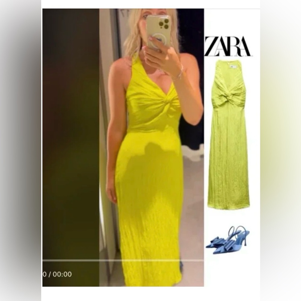 ZARA WRINKLE-EFFECT KNOT DRESS LIME GREEN . SIZE M